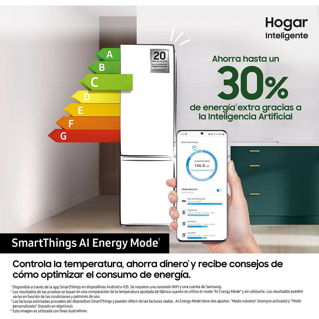 Frigorífico combi - Samsung Smart RB38C675CS9/EF, No Frost, 203 cm, 390l, All-Around Cooling, WiFi, Inox