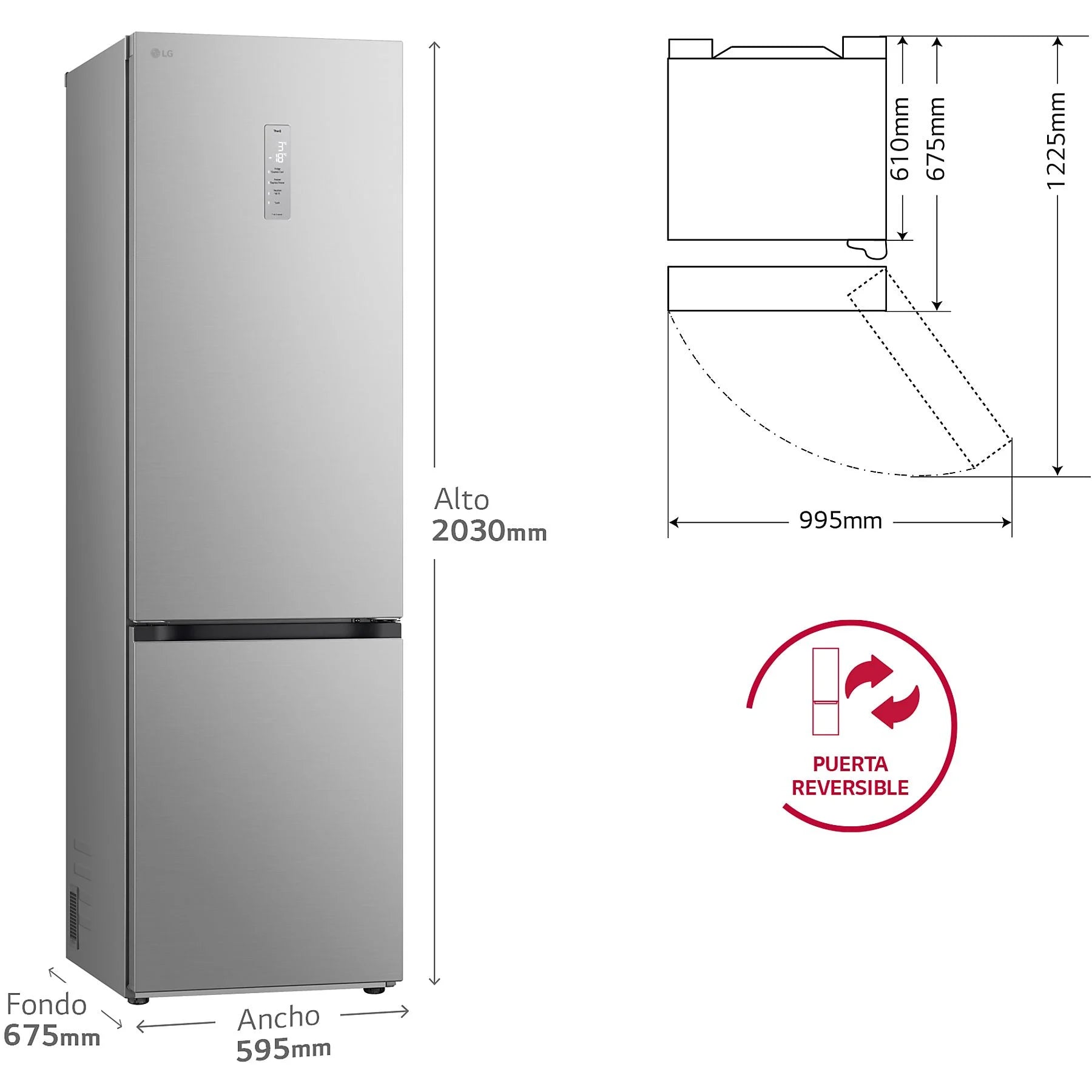 Frigorífico combi - LG GBV5250CPY, Total No Frost, 203 cm, 387 L, DoorCooling+™, FRESHConverter™, Inox antihuellas