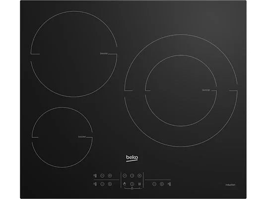 Placa inducción - Beko HIIS63206M, 3 zonas, Zona grande 28 cm, Temporizador, 60 cm, Negro