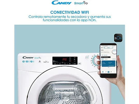Secadora bomba de calor - Candy Smart Pro CSOE H9A2TE-S, 9kg, 15 programas, Wi-Fi, Función anti-arrugas, Blanco